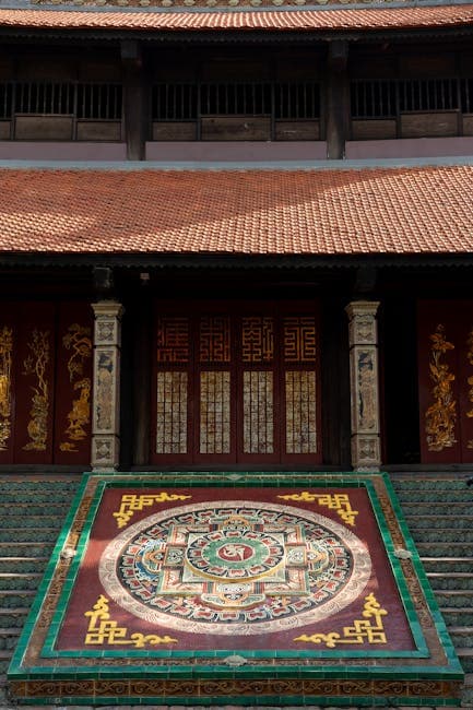 A large ornate building with a large tile floor