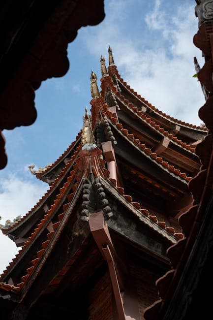 The roof of a chinese building with a blue sky