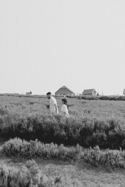 A couple walking through a field with a dog