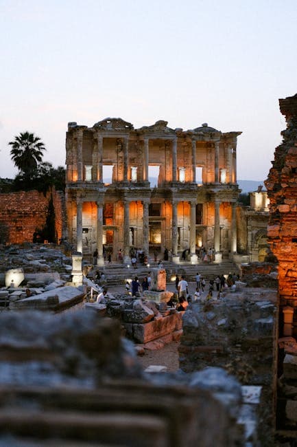 Tourists Walking in Ruins of Library of Celsus in Anatolia in Turkey