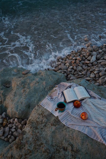 A book and an apple on a rock by the ocean