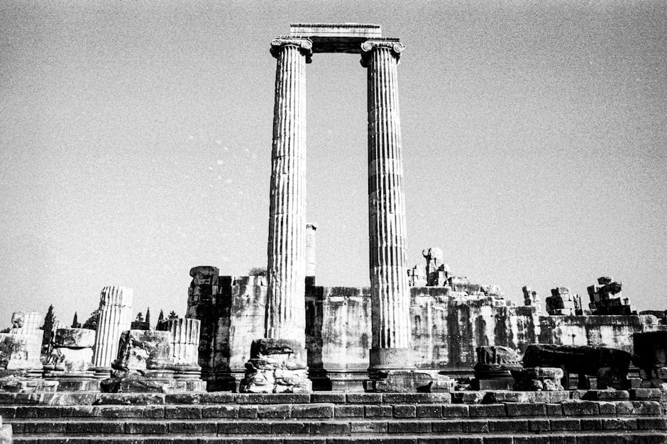 Black and white photograph of a roman temple