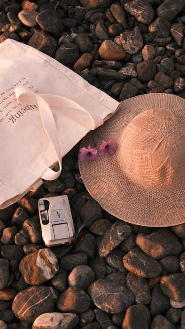 A hat, camera and sunglasses on a rock