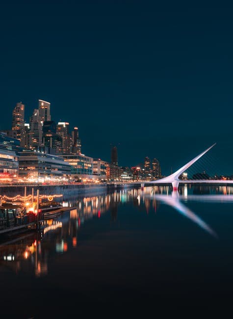 City Waterfront and Bridge Reflected in the Water 