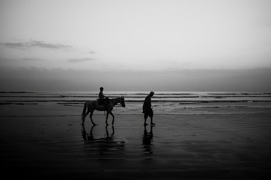 Man Walking with Child on Horse behind on Beach