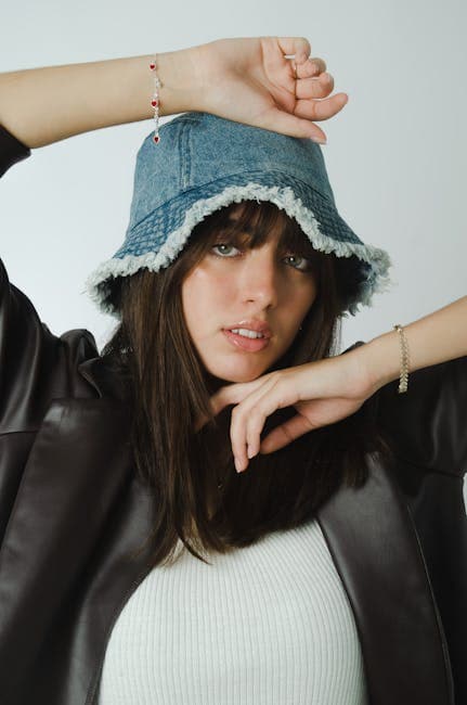 Stylish Woman in Denim Bucket Hat Fashion Portrait