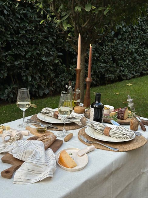 Elegant Outdoor Dining Table with Wine and Cheese Setup