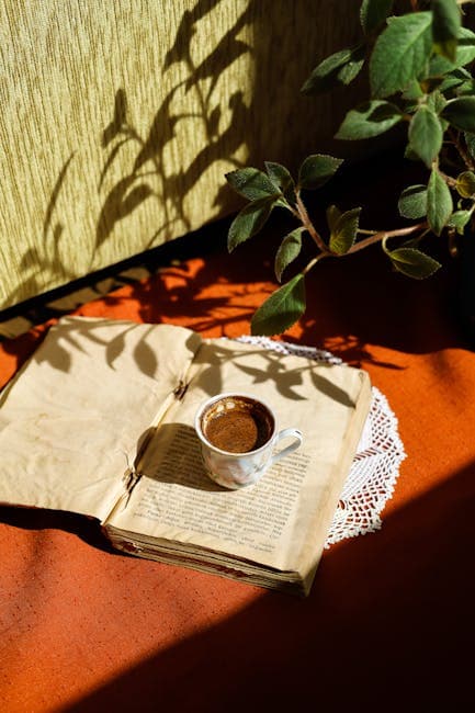 Cozy Rustic Setup with Vintage Book and Coffee