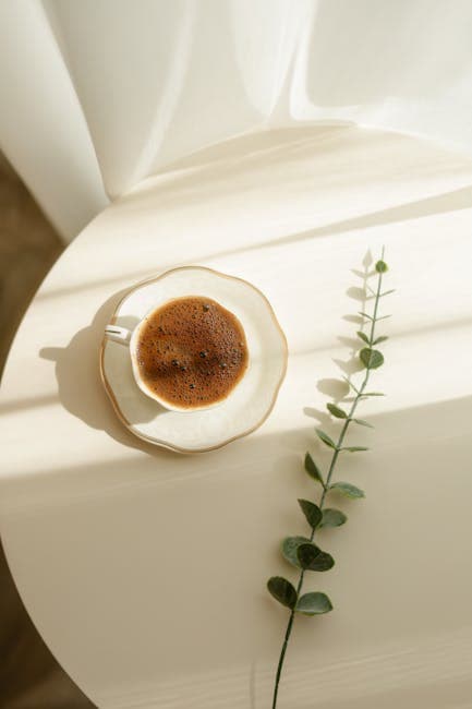 Coffee Cup and Eucalyptus on Sunlit Table