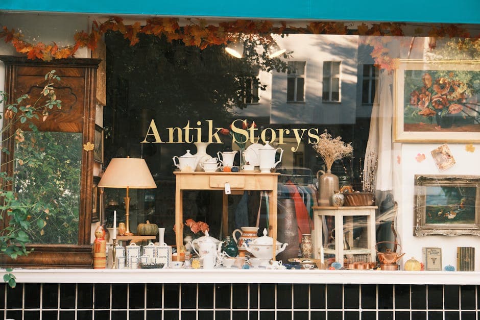 Vintage Shop Window Display with Antiques