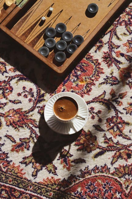 Cozy Coffee Cup and Backgammon on Persian Rug