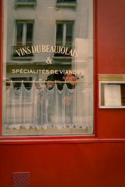 Parisian Café Window Display with Wine and Meat Specialties