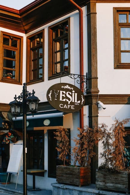 Charming Café Exterior with Vintage Signage