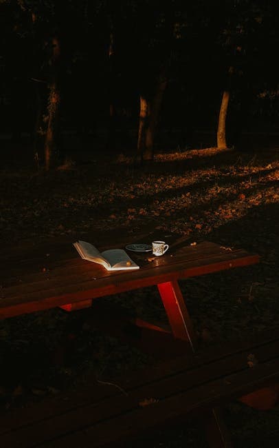 Open Book and Coffee Cup on a Park Table at Dusk