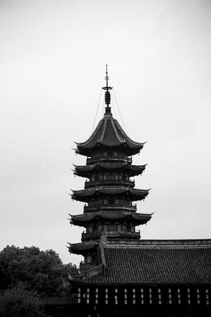 Elegant Black and White Asian Pagoda Silhouette